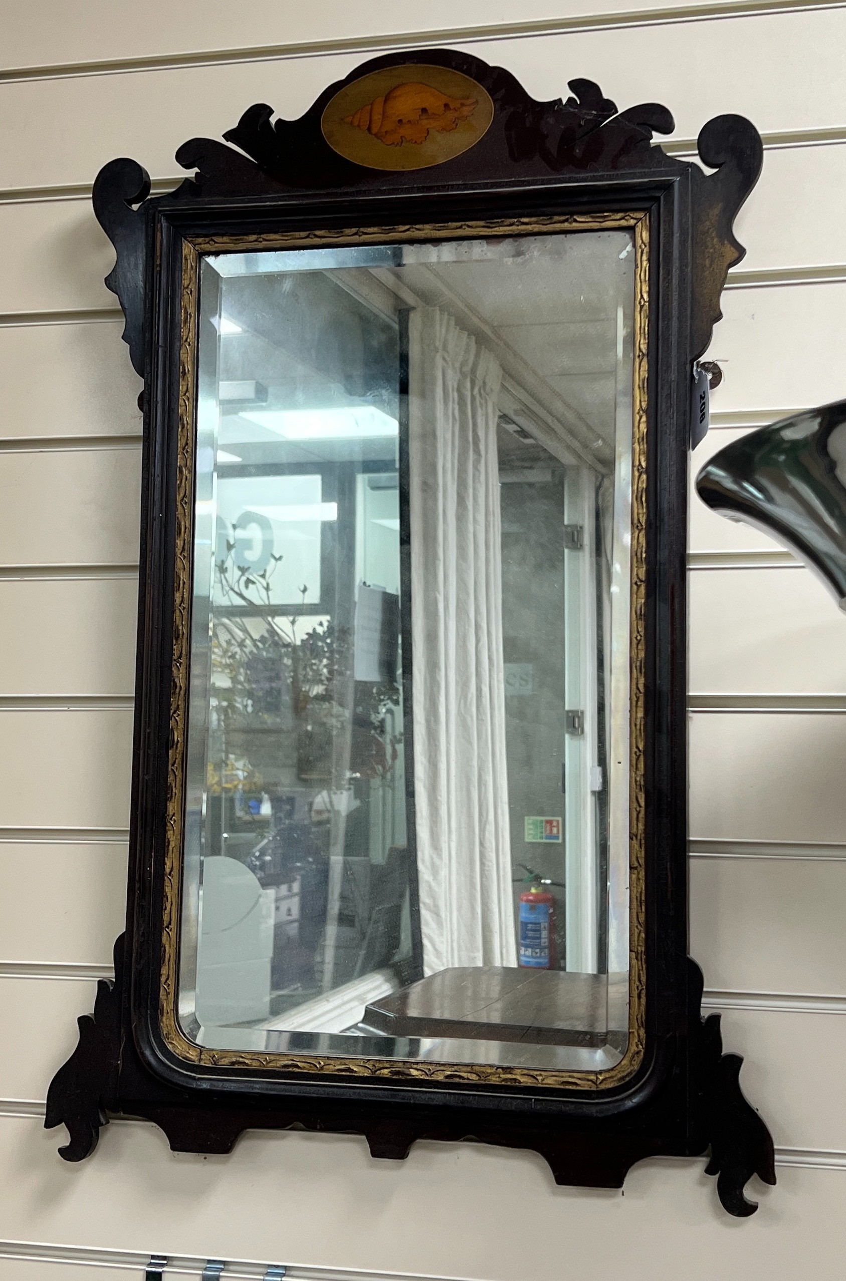 A George III style inlaid fret cut wall mirror, width 52cm, height 80cm